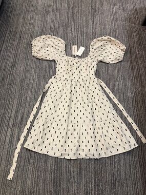 Ivory Puff-Sleeve Mini Dress with Black Dot Print